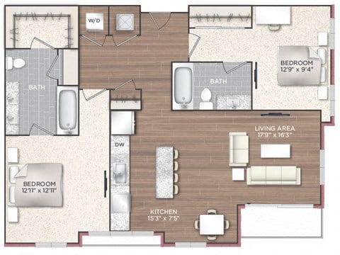 Floor plan for 2 beds, 2 baths, 1152 sqft